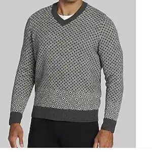 Jos A Bank Men V Neck Wool Blend Diamond Jacquard Sweater XXL Dad Sweater Preppy